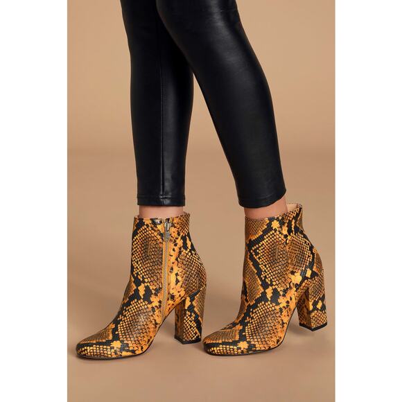 Steve Madden | Size 6.5 Pixie Yellow Snake Skin Mid-Calf Booties Block Heel - Picture 2 of 16